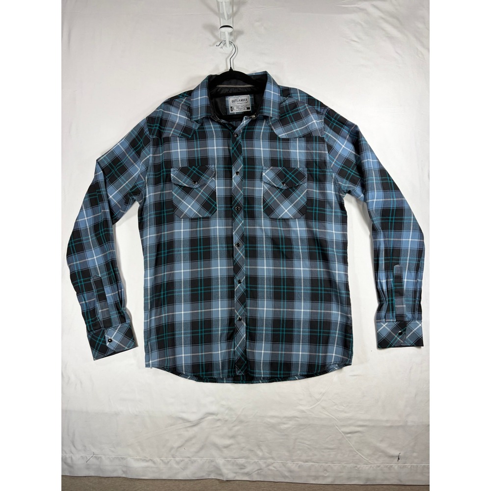 Outlander Plaid Western Shirt Mens Large Blue Black Good Snap Button Long Sleeve